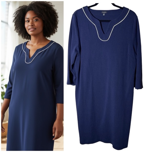 Talbots Dresses & Skirts - Talbots Dress XL Large Navy Blue Cream Trim Cotton 3/4 sleeves Casual Dress